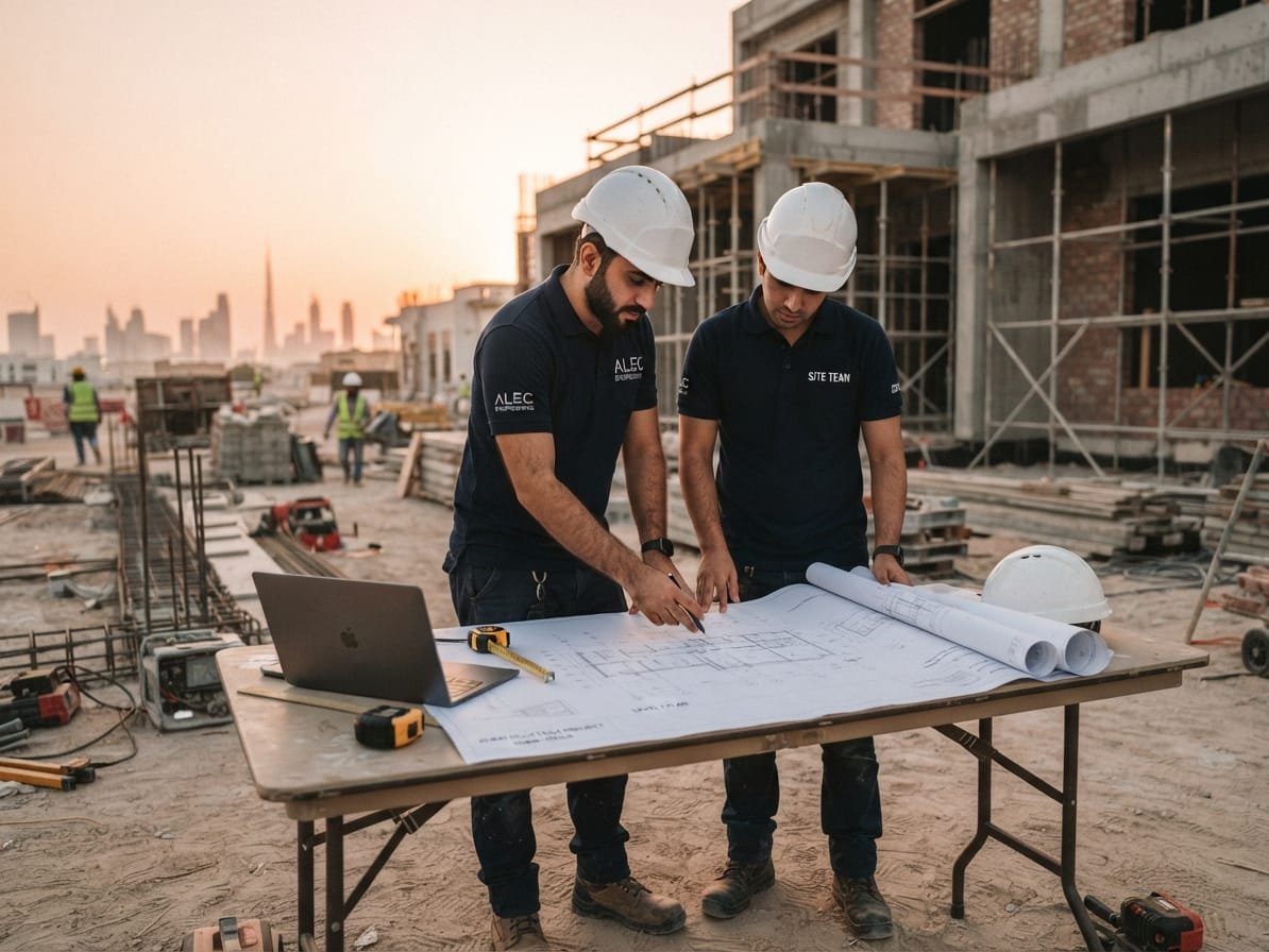 Wishbone engineers reviewing villa construction drawings on a Dubai site