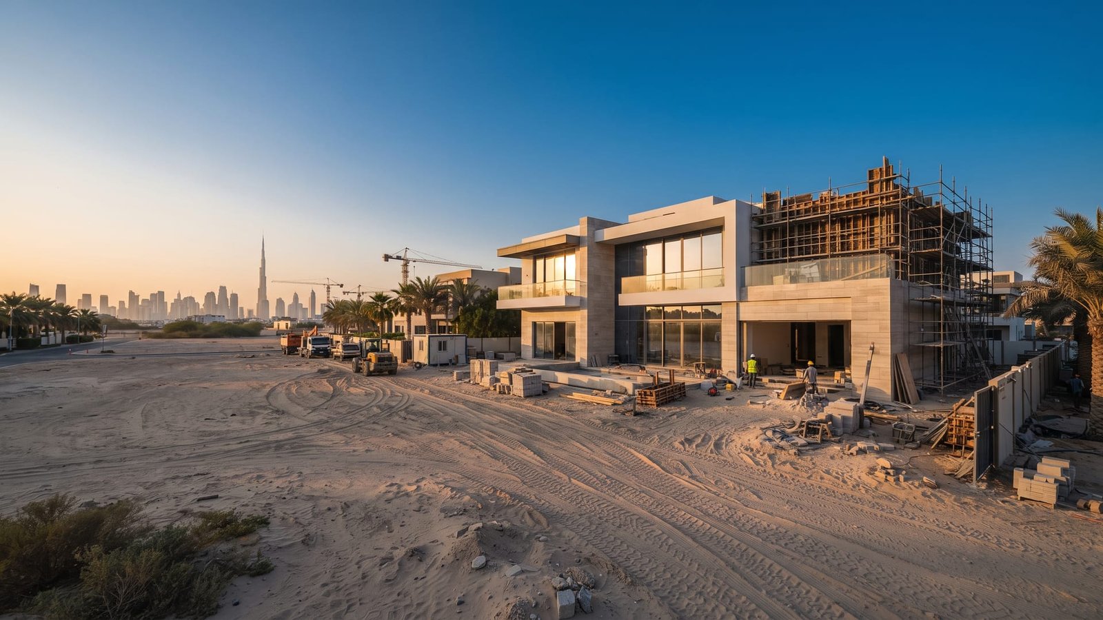 Luxury villa under construction in Dubai at dusk — Wishbone Building Contracting & Technical Services L.L.C.